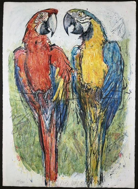 Fritz Hug Papageien Parrots Macaws Signed Lithograph 84/200 1967 Limited Edition