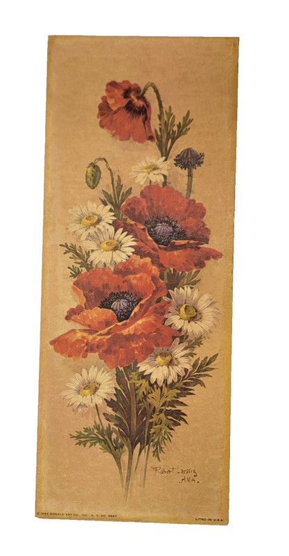 Vintage MCM Floral Paper Poppies Daisies Framed Litho Robert Laessig 15″ x 6″