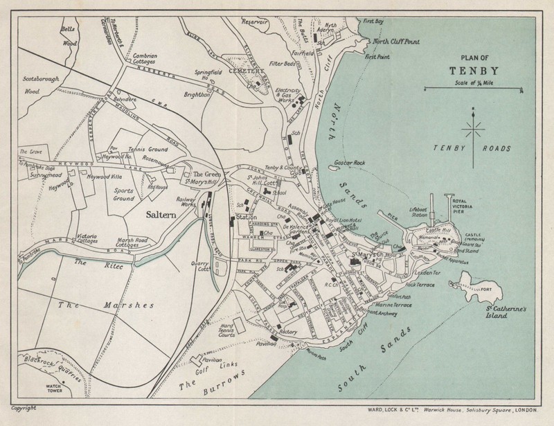TENBY vintage tourist town city resort plan. Wales. WARD LOCK 1938 old map