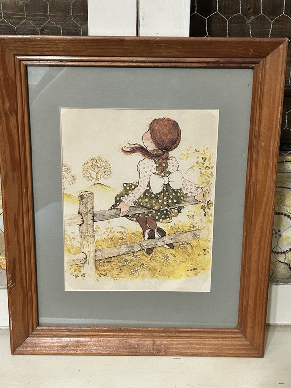 VTG Holly Hobbie Wood Framed & Matted Print 13 X 16.5