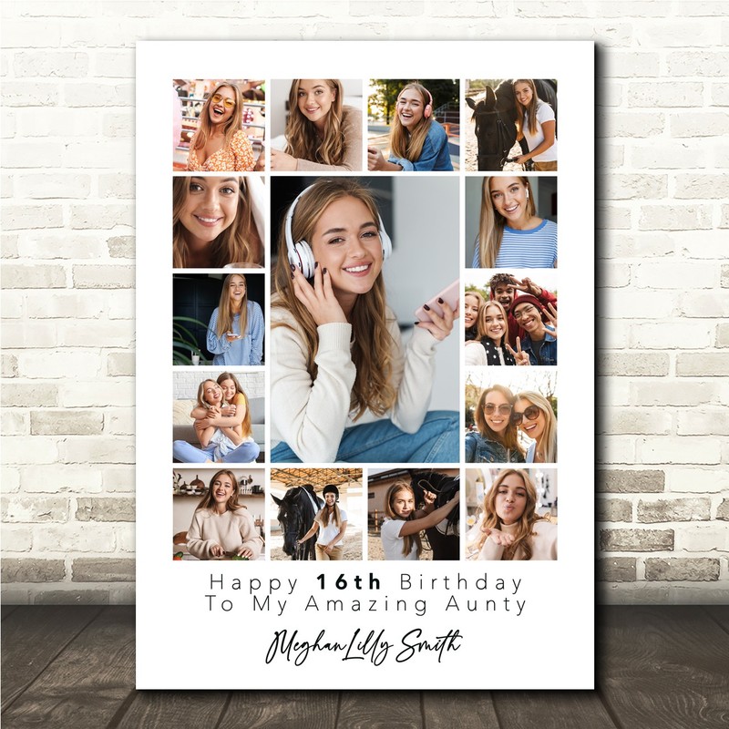 Photo Collage 16th Birthday Personalised Gift Aunty 15-Photo Print Or Canvas