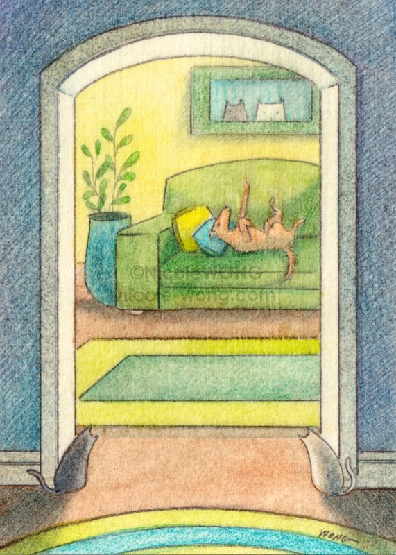 ACEO PRINT – WATCHING – cat pet animals dogs home living room mischief