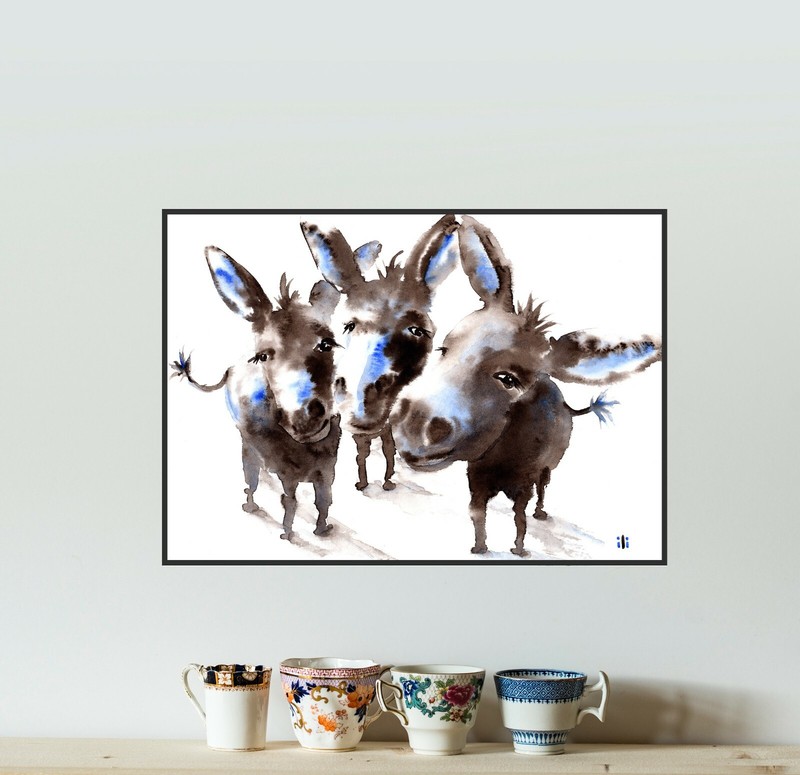 Watercolour 3 Cute Donkeys Painting Art Print from Original by ili