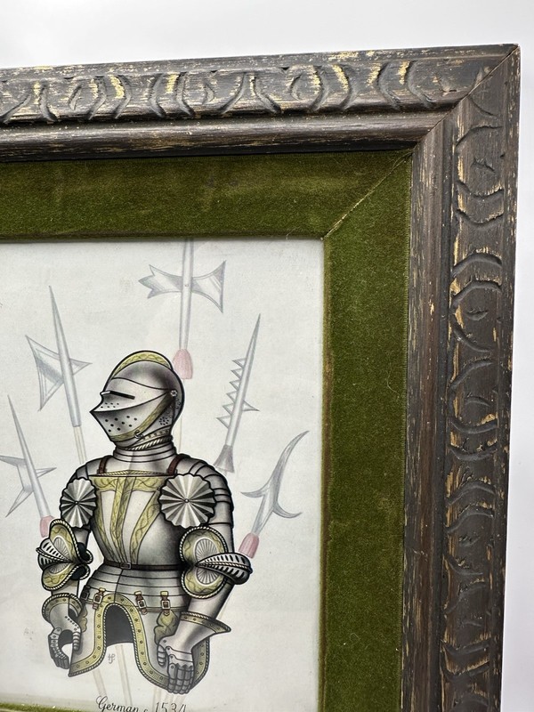 Framed Art Print Medieval Knight Weaponry Green Felt Mat Carved Wooden Frame gallery