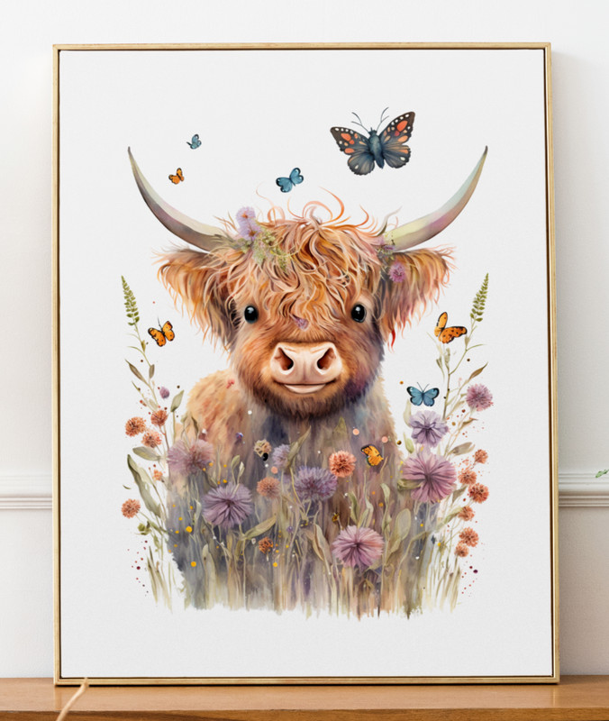 Cow Art Print, Highland Cow With Butterflies Art Print, Farmhouse Wall Art Decor