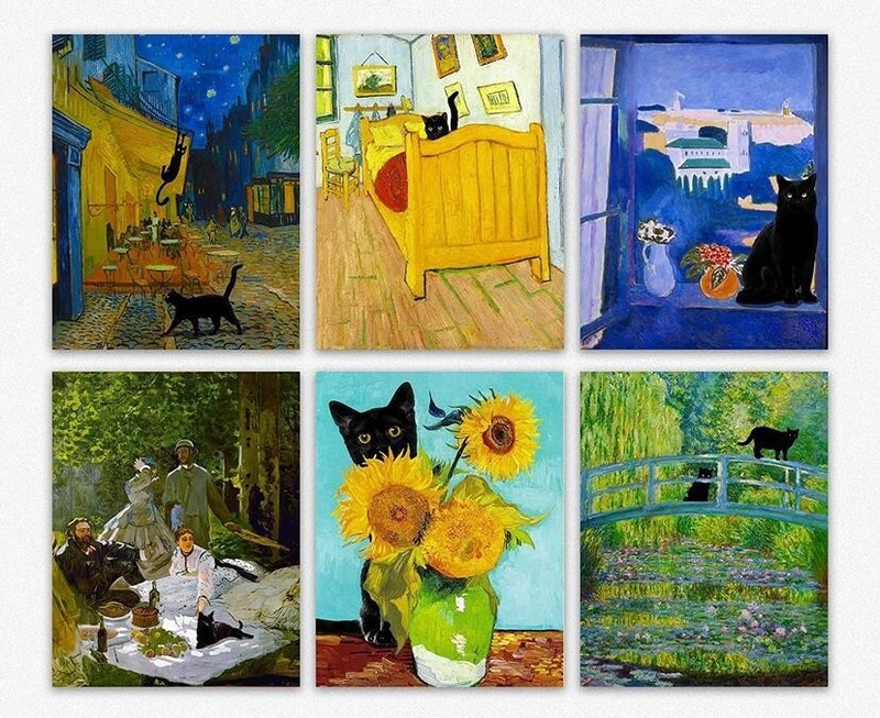 Famous Paintings Of Fine Art Prints With Vintage Black Cat 8 x 10cm Set Of 6