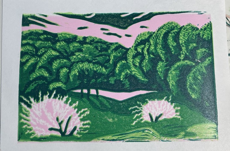 5" x 7" Reduction Linocut Print 8 Color Unframed “pond” #5/20 DSV gallery