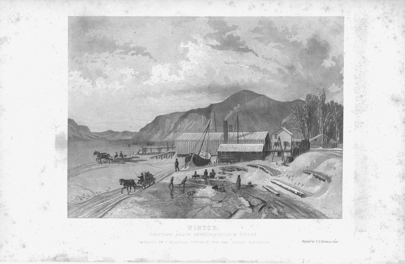 Winter – Shipyard Below Newburg, Hudson River – Steel Engraving – 1854 – Art