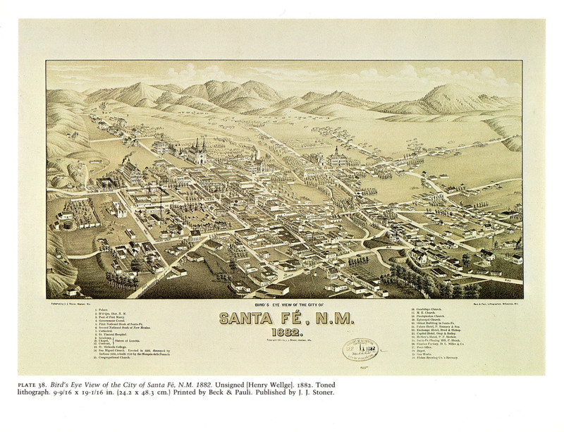 1976 Vintage CITY "BIRDS EYE VIEW of SANTA FE, N.M. (1882)" Color Art Lithograph