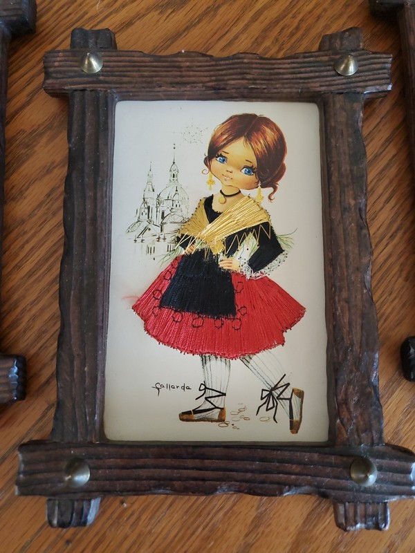 Vintage Callarda, 3 Embroidered Spanish Prints, Wooden Frames Studded Corners. gallery