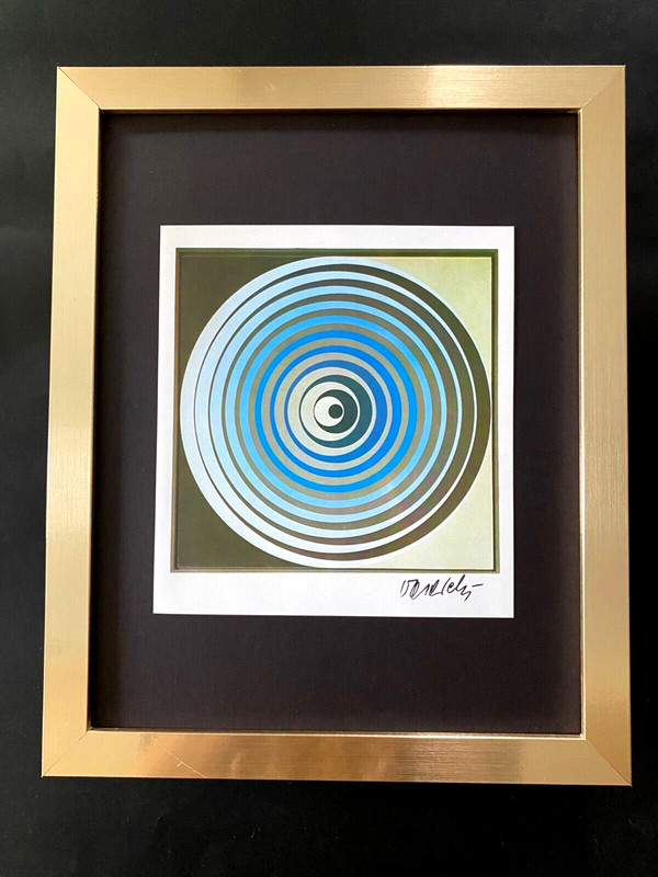 VICTOR VASARELY PRINT FROM 1970 + SIGNED GEOMETRIC ABSTRACT NEW FRAME 14x11in