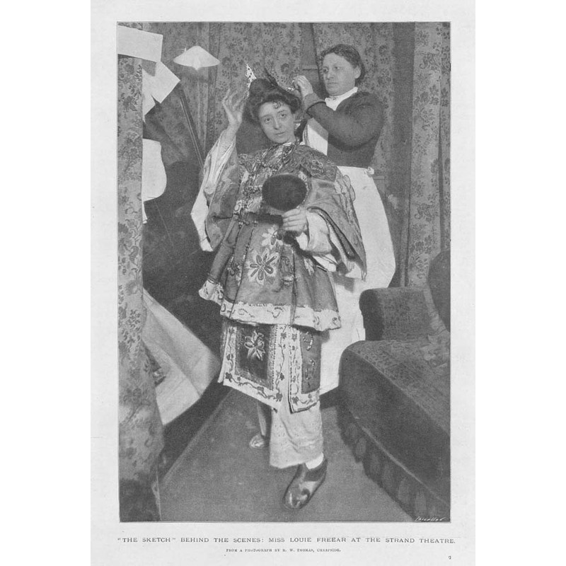 Miss LOUIS FREEAR Backstage at the Strand Theatre – Antique Print 1901