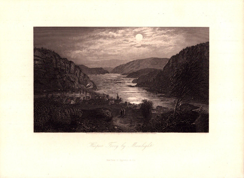 «HARPER’S FERRY BY MOONLIGHT» Original antique steel engraving 1874