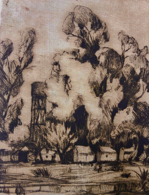 strong image etching of water tower on laid paper UNKNOWN artist MUST SEE gallery