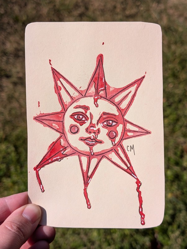 Original Bleeding Sun Sunshine Embellished Linocut Print Art By Chelsea McGrew