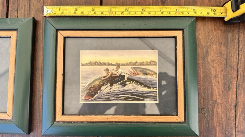 WOW! Vintage Humorous Entertaining Fishing Print Framed Artwork TWO Pieces gallery
