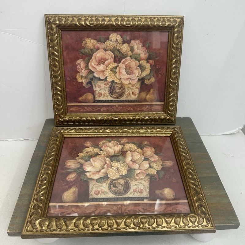 Set 2 Vintage Framed Floral Still Life Prints Gold Ornate Frame Wall Art Gallery gallery