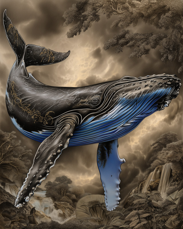 8×10 Humpback Whale swimming upward – surreal sea, storm clouds – 253793636