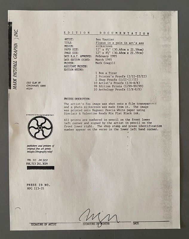 BEN VAUTIER s/n print FLUXFAX portfolio 1994 - fluxus Nam June Paik Maciunas gallery