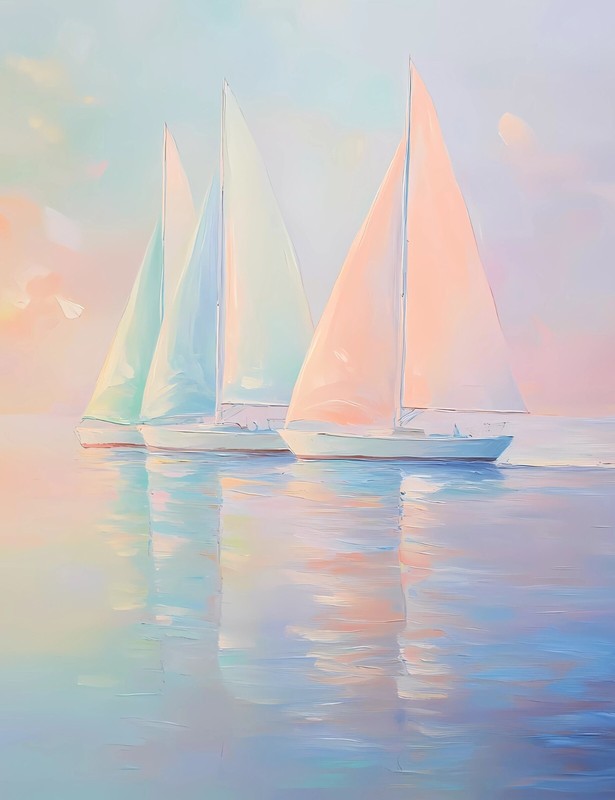 Cottage Coastal Wall Art Matted Print Coastal Sailboats Pastel Sunset Reflection