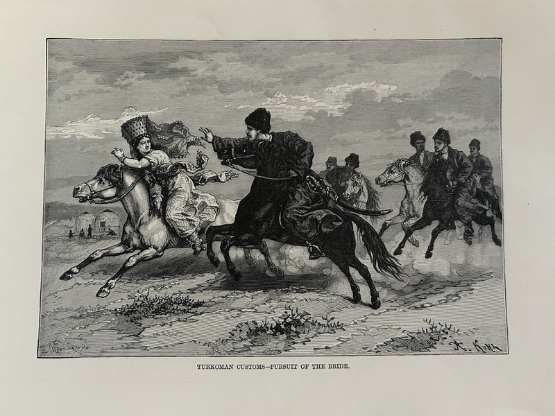 1884 View of Turkmen On Horses Chasing The Bride Central Asia Antique Print