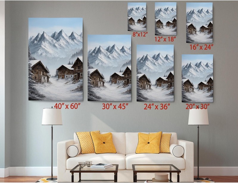 Winter Landscape Canvas Rustic Cabin Snowy Mountain Alpine Village Art gallery