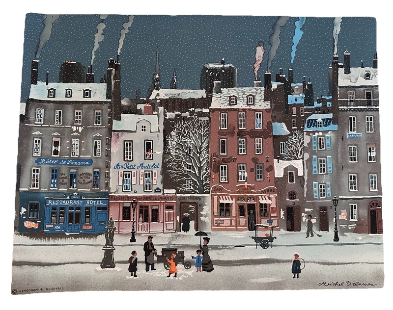 VTG French Michel Delacroix CHAUDS LES MARRON Lithograph ART litho Paris Winter