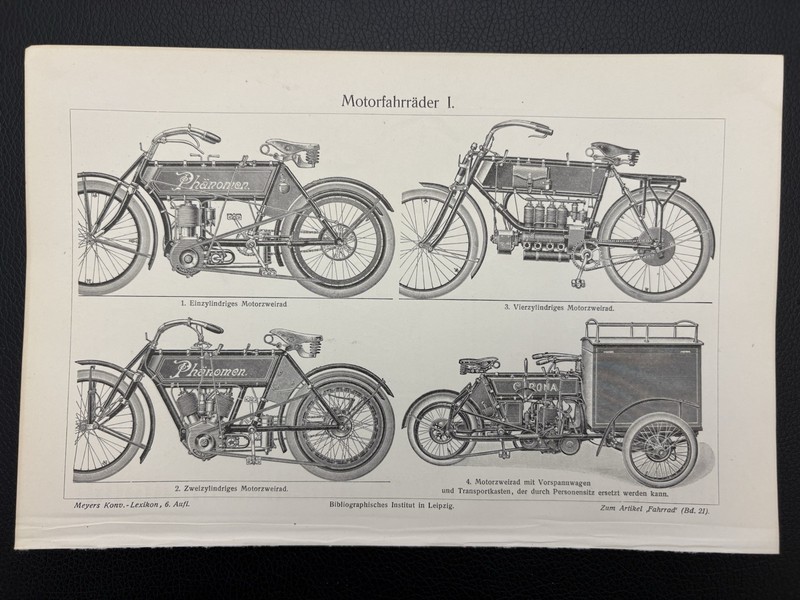 Antique Graphic Engineering / Mobility: Bicycle Motorcycle Bikes 1900 Motorcycle