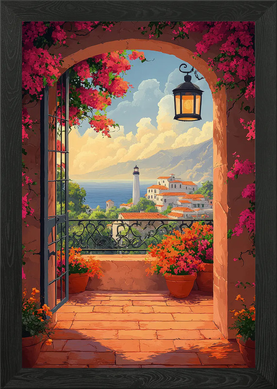 Mediterranean Balcony Lighthouse Vi Framed Wall Art Poster Canvas Print Picture