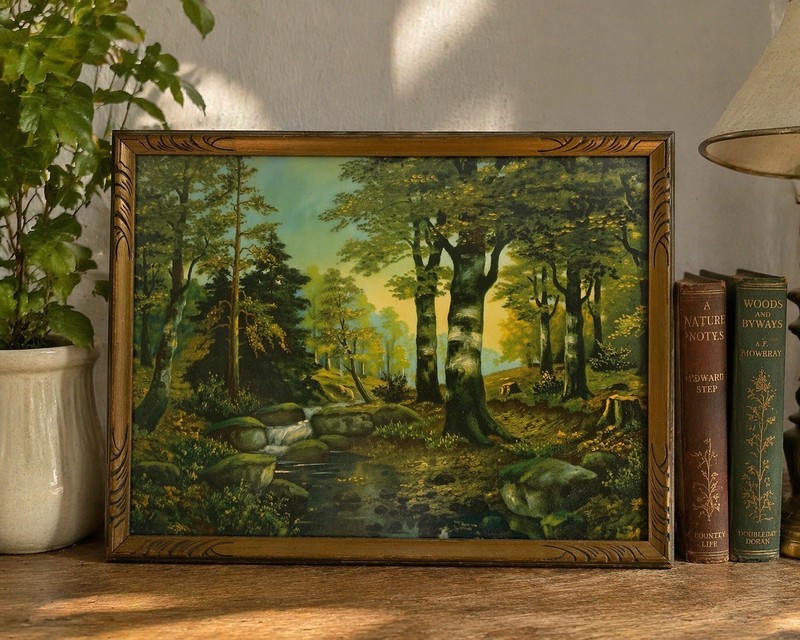Vintage 60s Framed Forest Print Stream Wall Art 17″ x 13″ Glass & Carved Frame