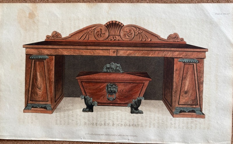 1822 Ackermann’s Repository Regency Aquatint Furniture Sideboard Cellaret TEXT