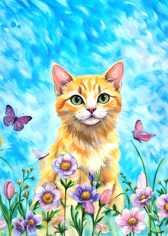 ACEO miniature art print- 2.5x3.5 artist trading card, pastel Cat Flowers Field
