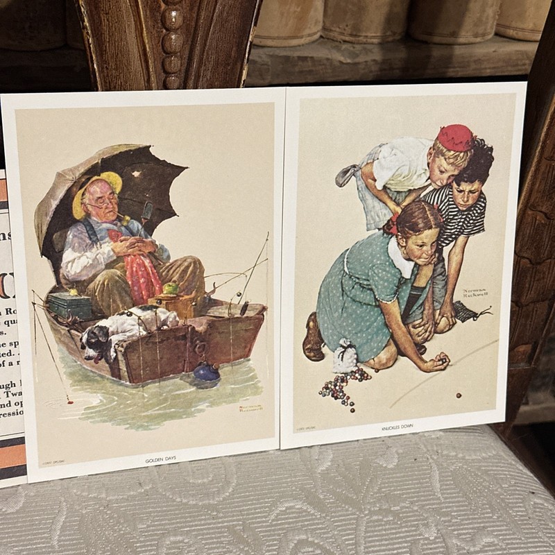 1972 5×7″ Lithographs by Norman Rockwell Marble Shooters, The Fisherman NOS