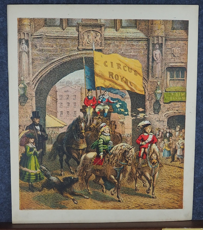 1873 Antique Lithograph Victorian Circus Royal Coming to Town Clowns horses Dog