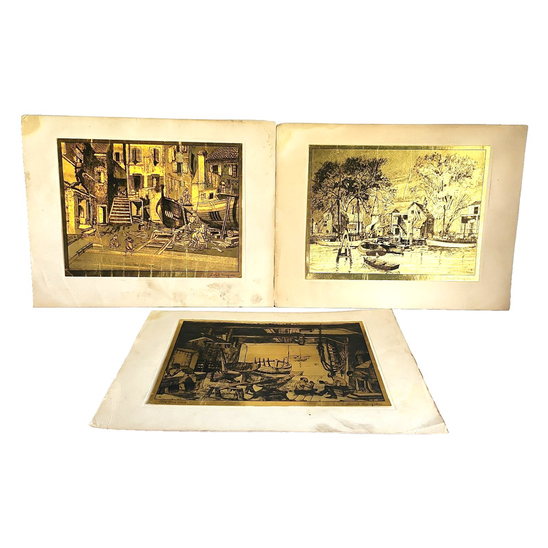 Gold Foil Etchings Lionel Barrymore Set Of 3 Courtyard Boat Bank Prints D6-2466