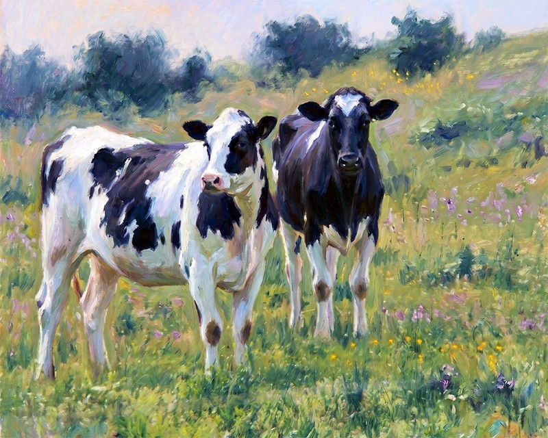 Farm House Art Holstein Cows oil art print. Free Shipping 0527