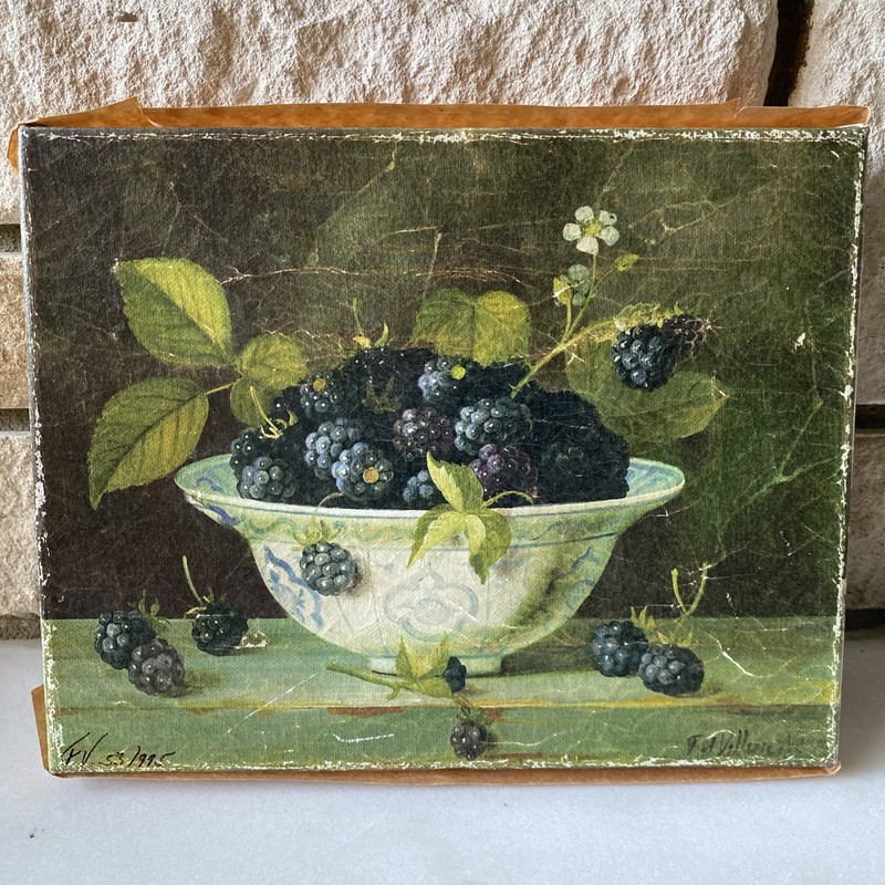 Fabrice de Villeneuve Blackberry in Bowl Miniature Canvas Ink Signed. 7.5×9.5”