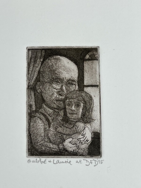 David F Driesbach Gubbe & Laurie Father Daughter Etching Print Signed AP 5×6”