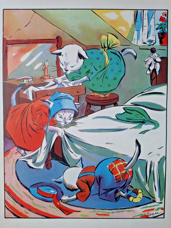 Anthropomorphic Cats 3 Searching Bed Sari Print Colorful Vtg Book Plate 1930s