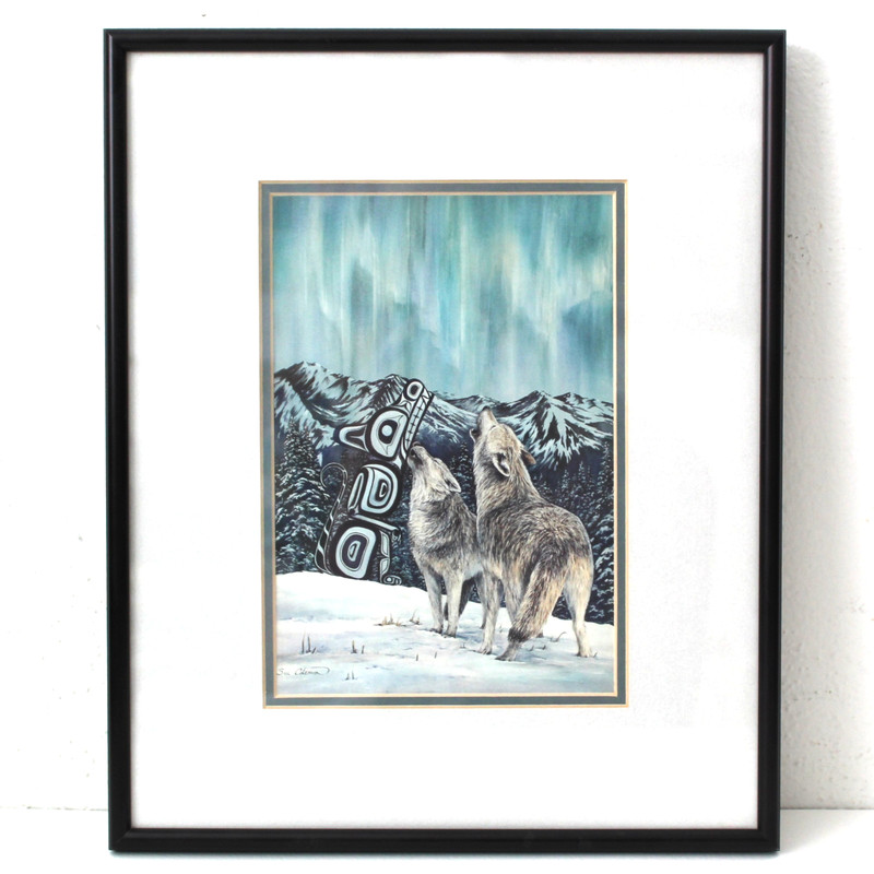 Vintage Sue Coleman Native WOLVES «Northern Song» Print Framed