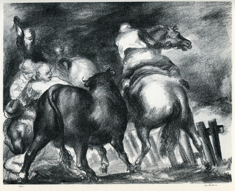 Jon Corbino ESCAPED BULL dramatic scene with horse rider 1939 vintage WPA print
