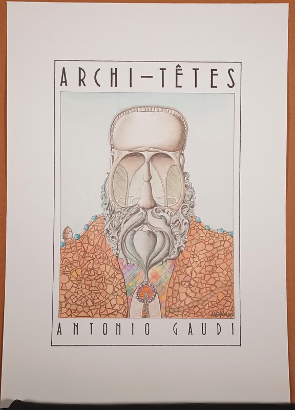 Unframed Lithograph "Antonio Gaudi " by Louis Hellman - Archi-tetes Series