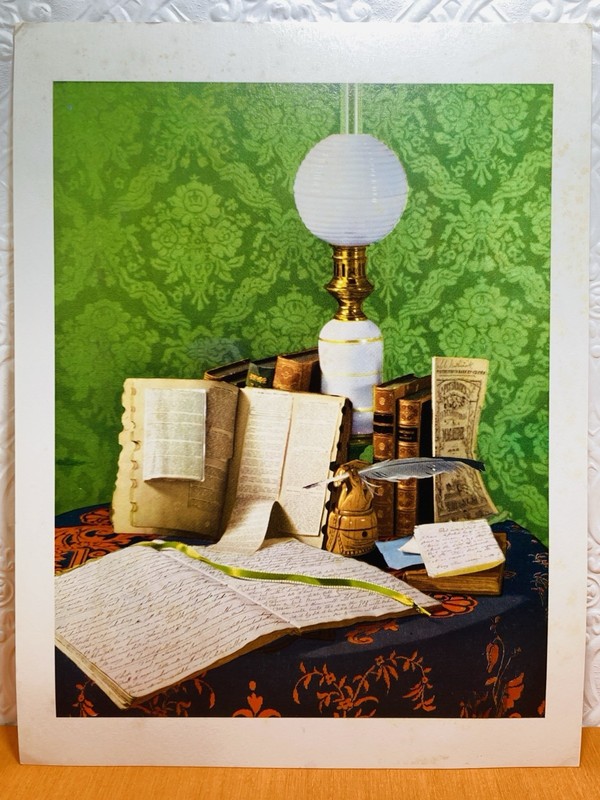 Vintage Still Life Print 1960s Antique Books White Lamp Green Damask Wallpaper