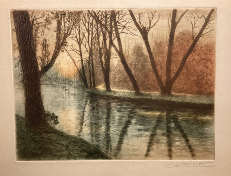 “Effect Du Soir” – Signed Watercolor Etching Of Evening River Scene
