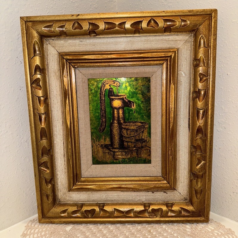 Jim Baker Framed Art Water Well 1971 14-3/4” x 12-3/4” x 1-1/8” WoodFabric Frame