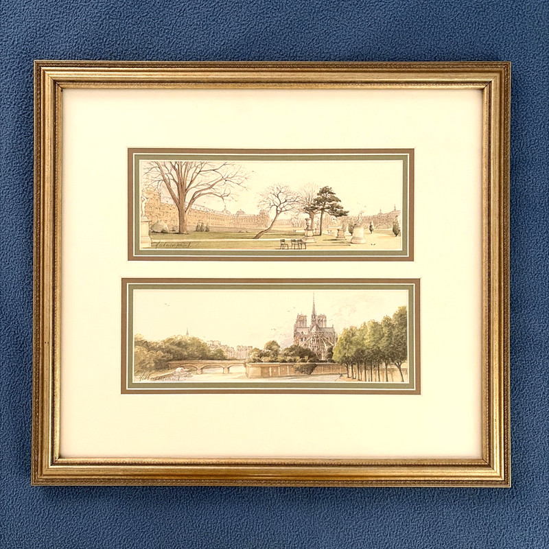 Vintage Watercolor Painting Prints PARIS Notre Dame / Castle Framed 19×17″
