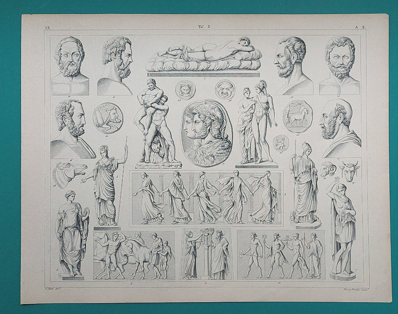 GREECE Sculpture Art Hercules Amazon Coins Animal Heads – 1844 Antique Print