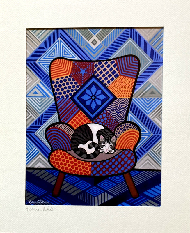 Cat curled up on multicoloured chair signed print