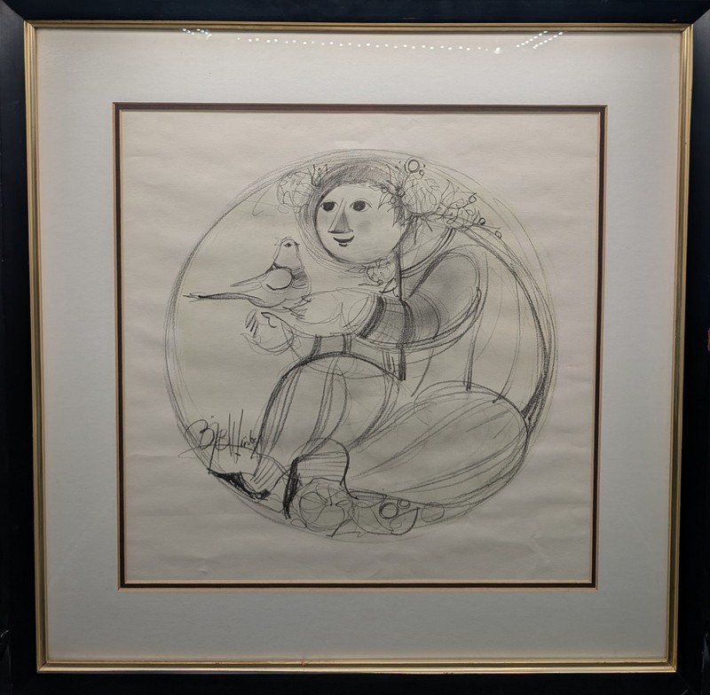 Bjorn Wiinblad Girl With Bird Offset Lithograph Signed In Plate, Framed Matted