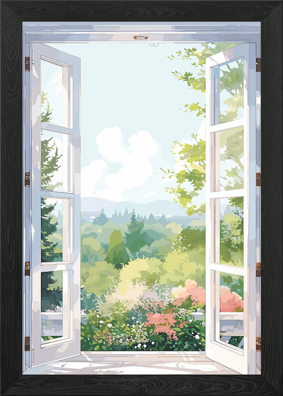WIndow Drawing Landscape Framed Wall Art Poster Canvas Print Picture
